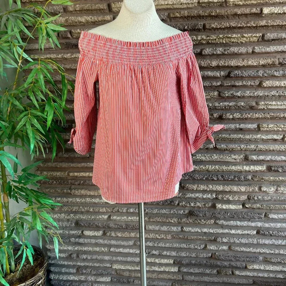 Chico's Orange Red Striped Off Shoulder Size 1 Small to Medium - Picture 1 of 7